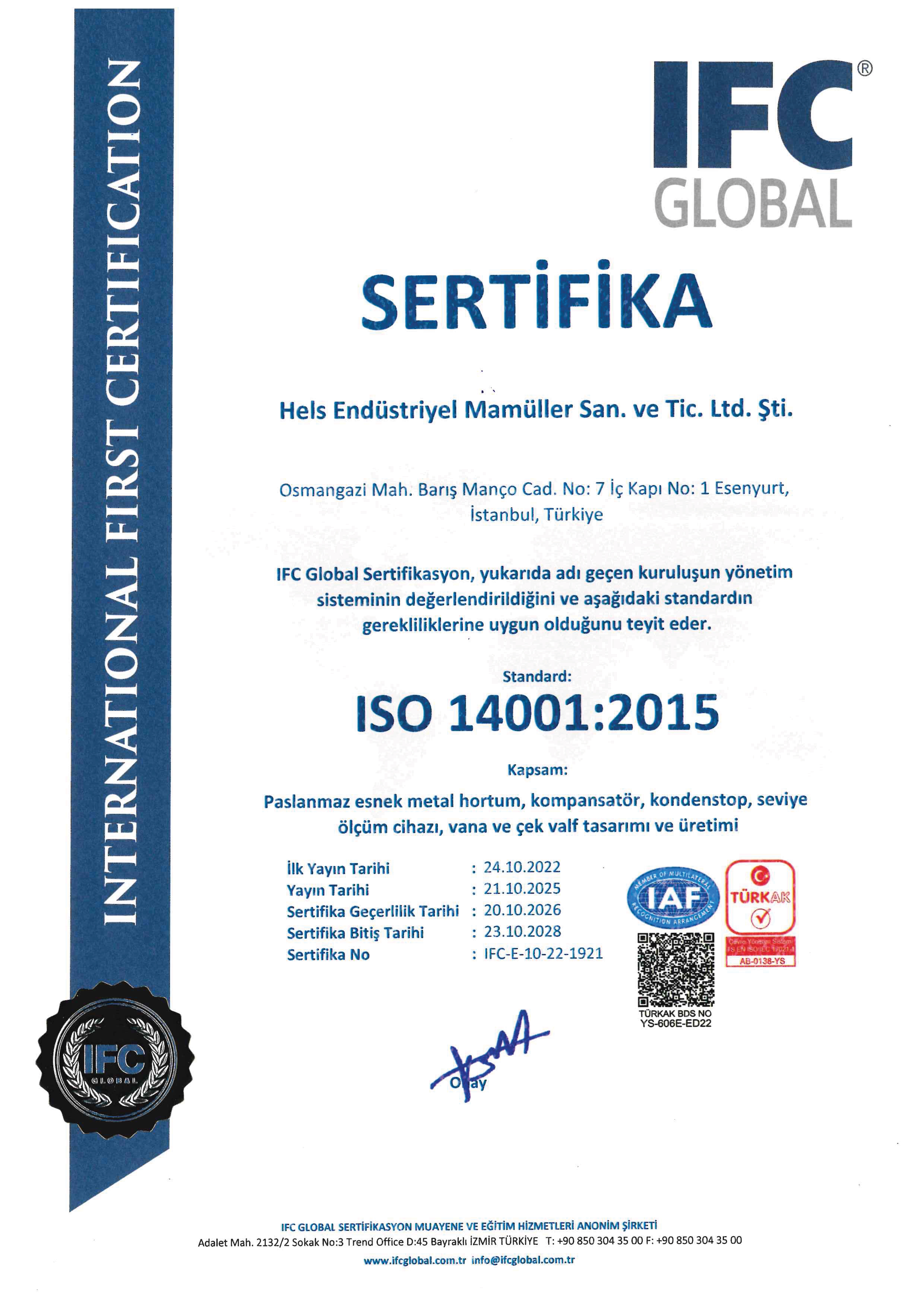 14001:2015 KALİTE SERTİFİKASI