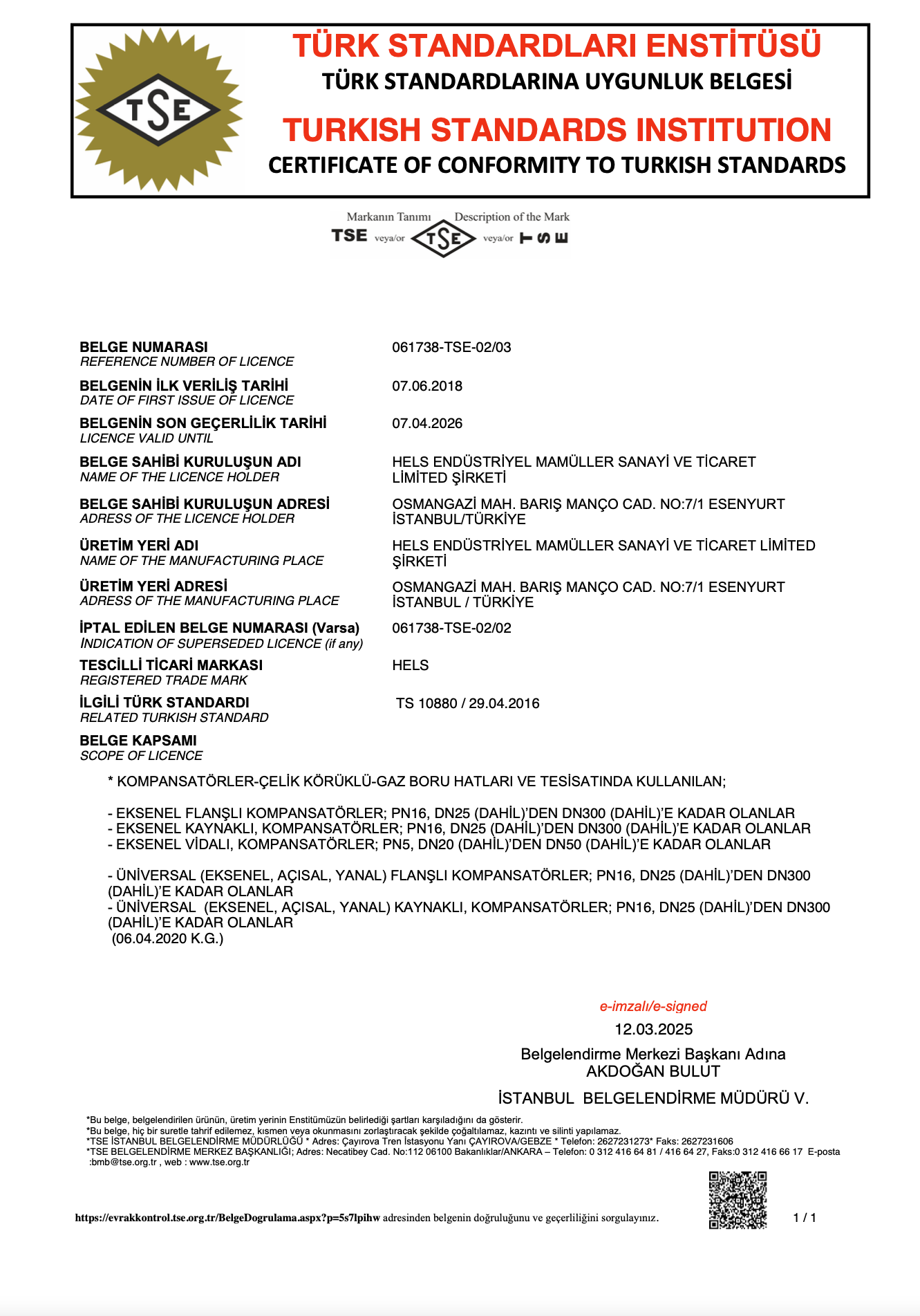 KOMPANSATÖR TSE BELGESİ